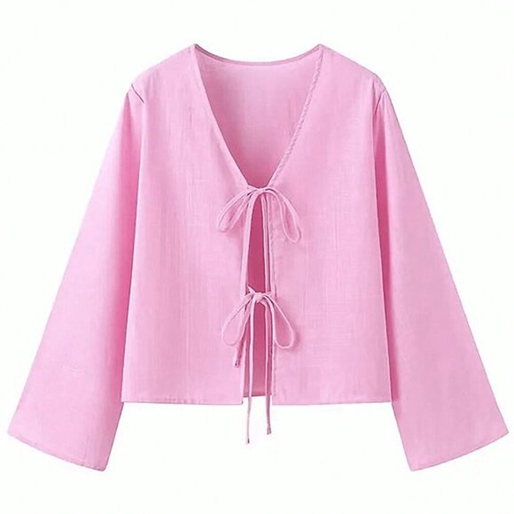 Pink Casual Women's Front Tie Shirt - Picture 5 of 6